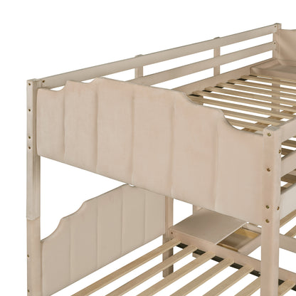 Full Over Twin & Twin Bunk Bed, Velvet Triple Bunk Bed with Drawers and Guardrails, Beige