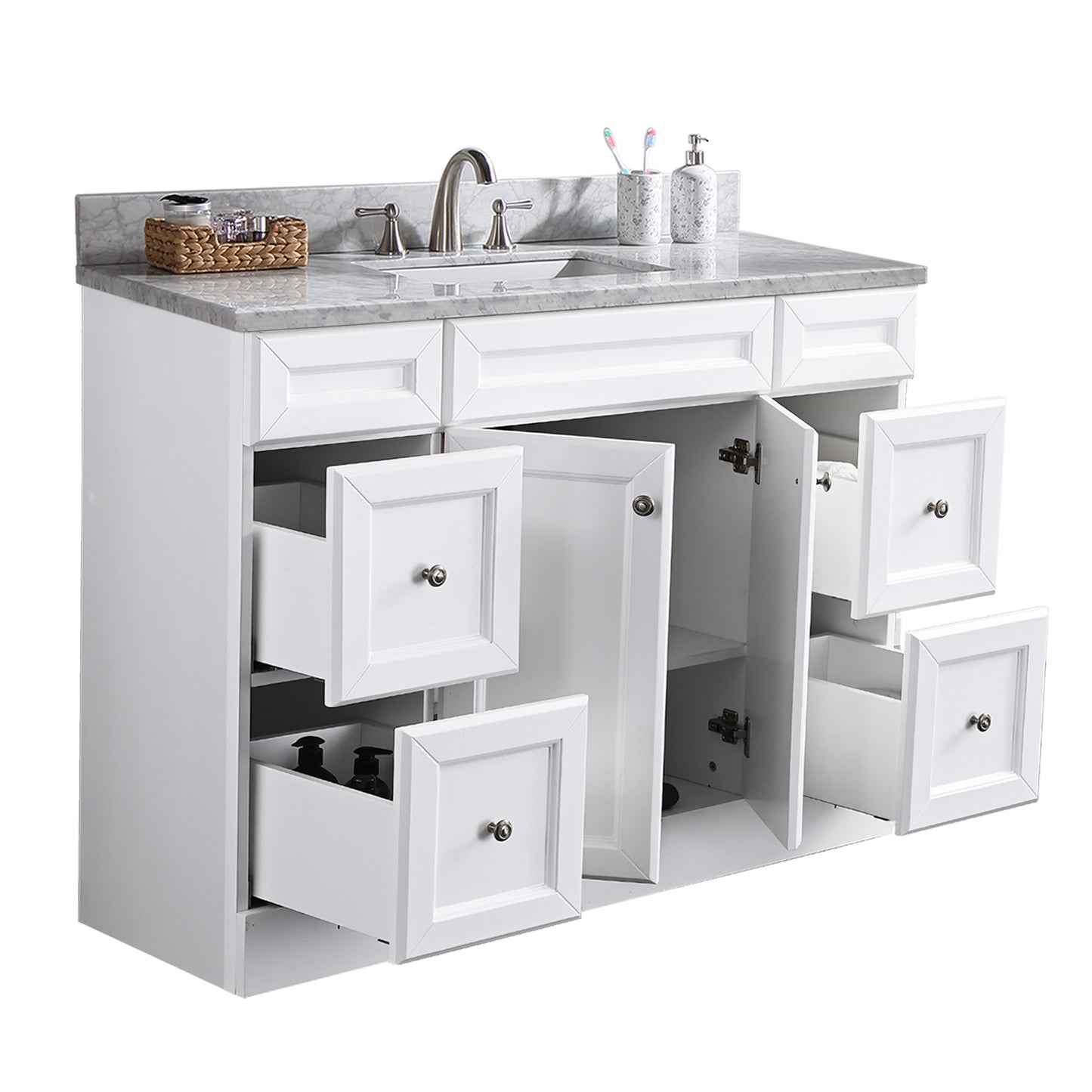 48 inch Bathroom Vanity Set, with Drawers, Carrara White Marble Top, 3 Faucet Hole