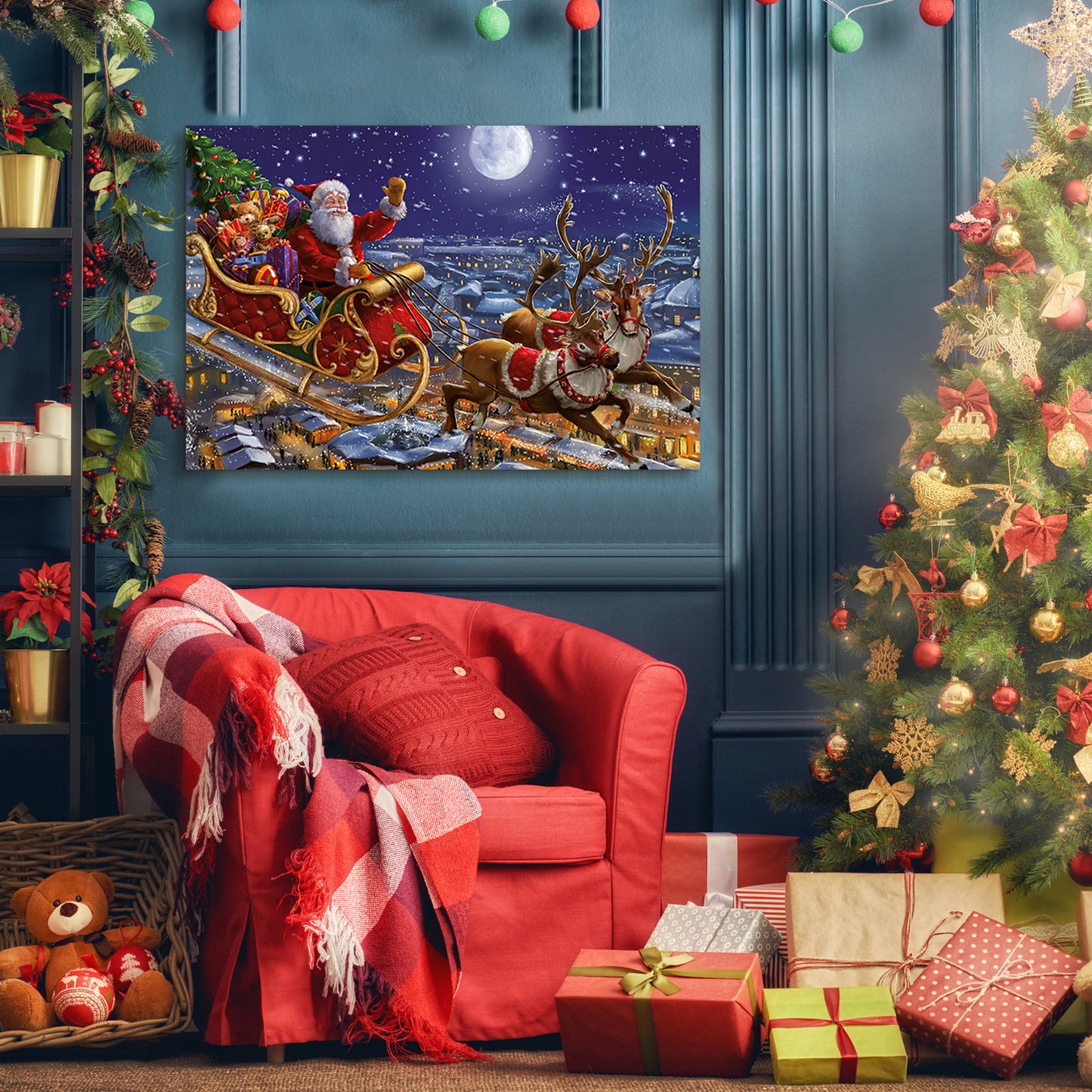 Framed Canvas Wall Art Decor Painting For Chrismas, Santa on Sleigh With Reindeer Gift Painting For Chrismas Gift, Decoration For Chrismas Eve Office Living Room, Bedroom Decor-Ready To Hang