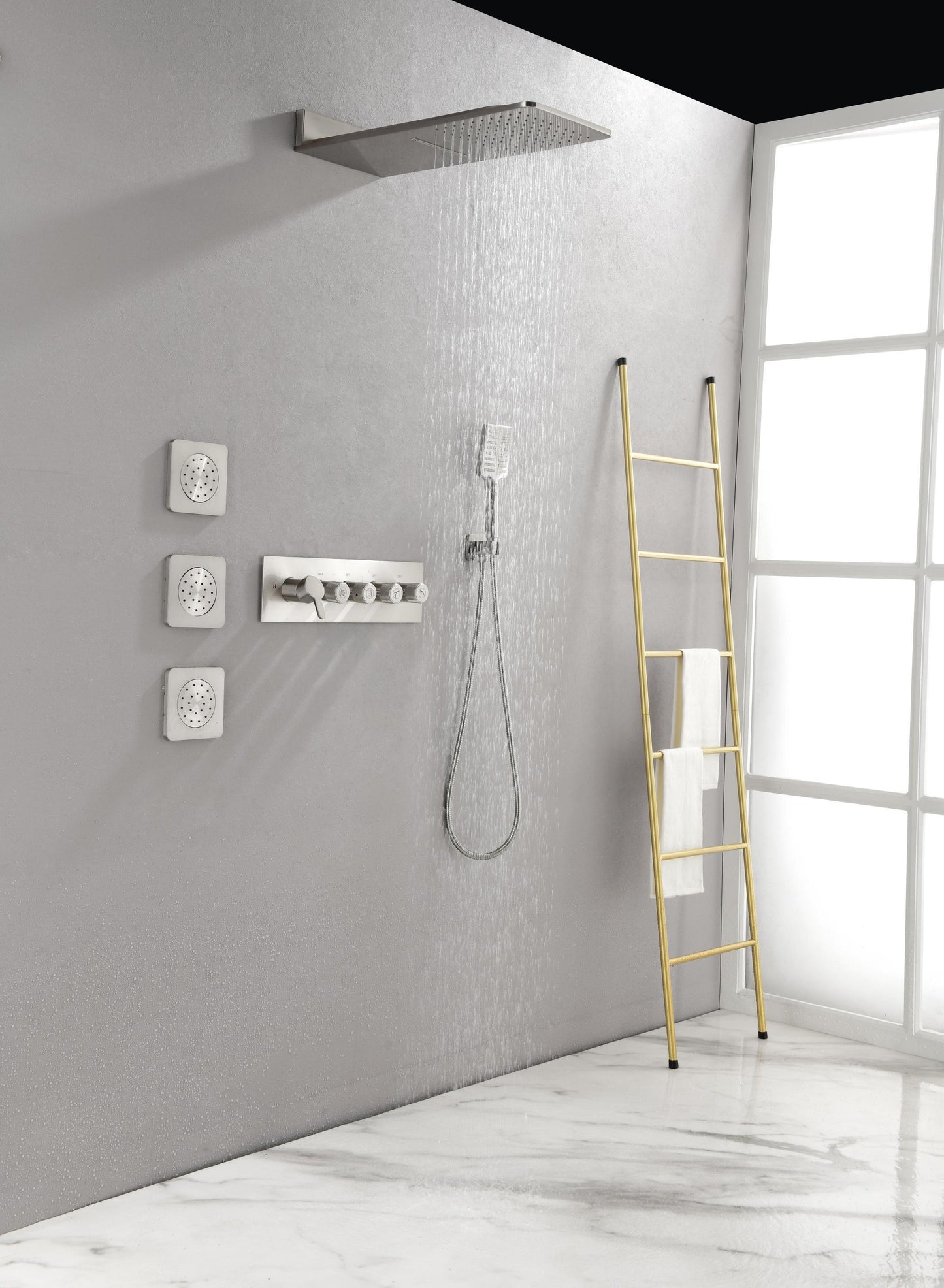 Wall Mounted Waterfall Rain Shower System With 3 Body Sprays & Handheld Shower