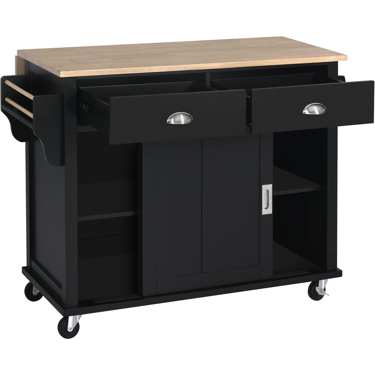 K&K Kitchen Cart with Rubber wood Drop-Leaf Countertop, Concealed sliding barn door adjustable height,Kitchen Island on 4 Wheels with Storage Cabinet and 2 Drawers,L52.2xW30.5xH36.6 inch, Black