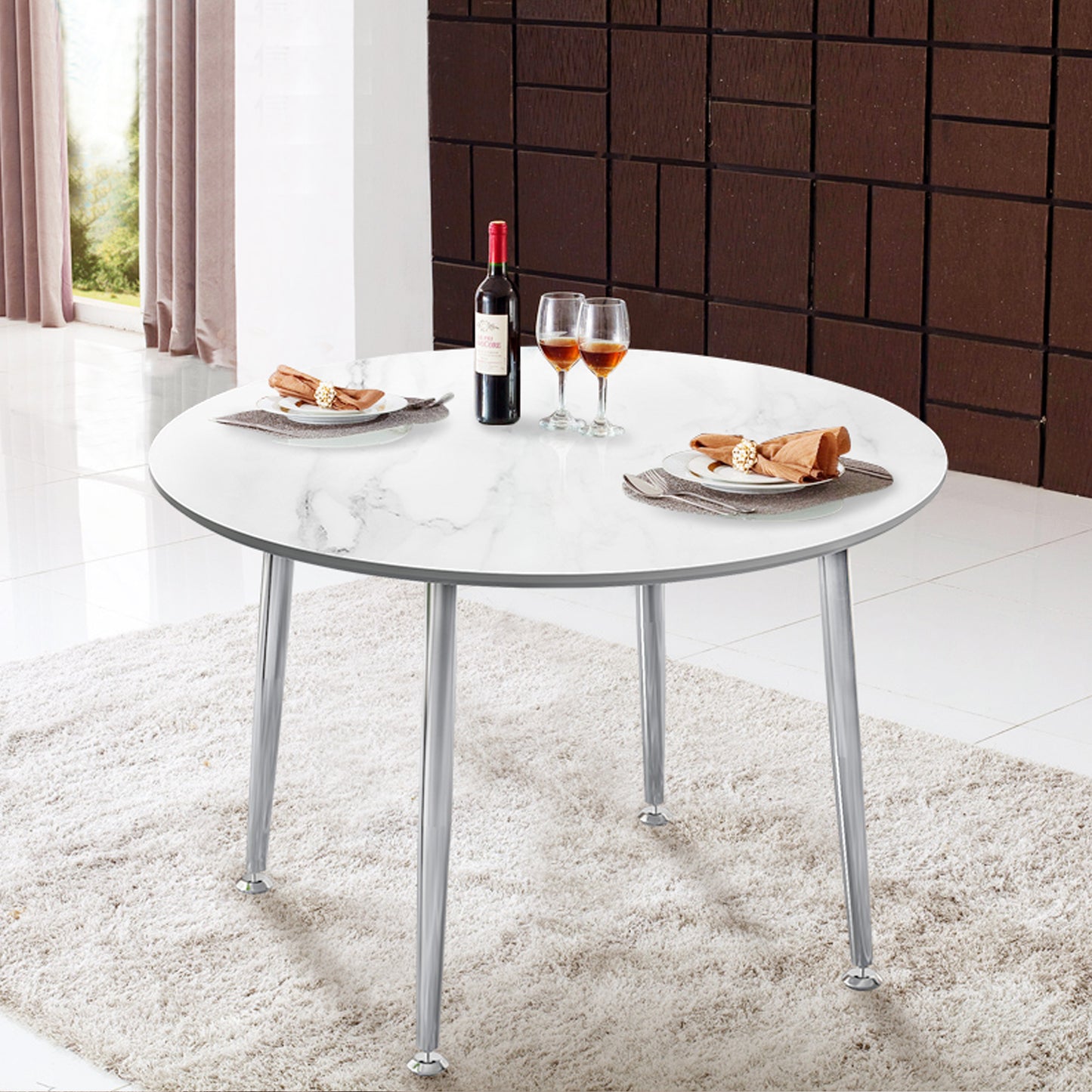 Diameter 44.8 inch MDF Modern simplicity round Imitation solid wood marble grain dining table.Applicable 6-8 persons to dining room and meeting room.