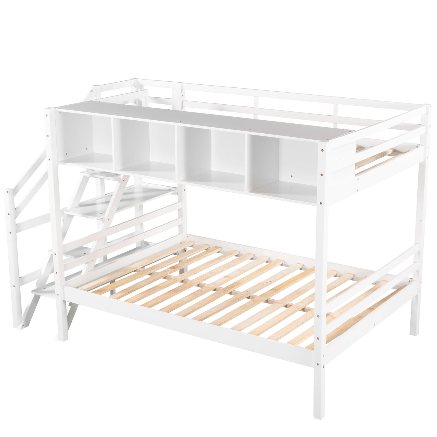 Twin over Full Bunk Bed with Staircase and Built-in Storage Cabinets,White