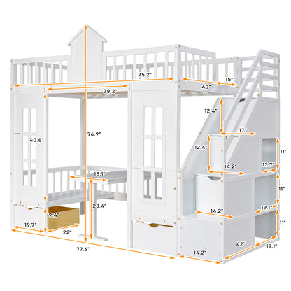 Twin-Over-Twin Bunk Bed with Changeable Table , Bunk Bed  Turn into Upper Bed and Down Desk with 2 Drawers - White