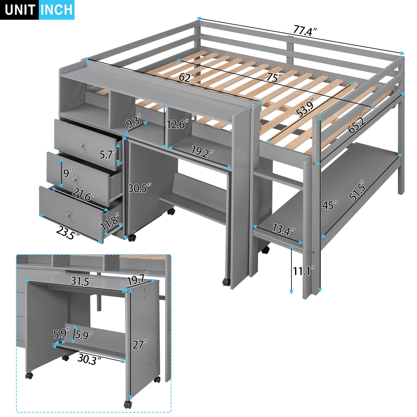 Full Size Low Loft Bed with Rolling Portable Desk, Drawers and Shelves,  Gray