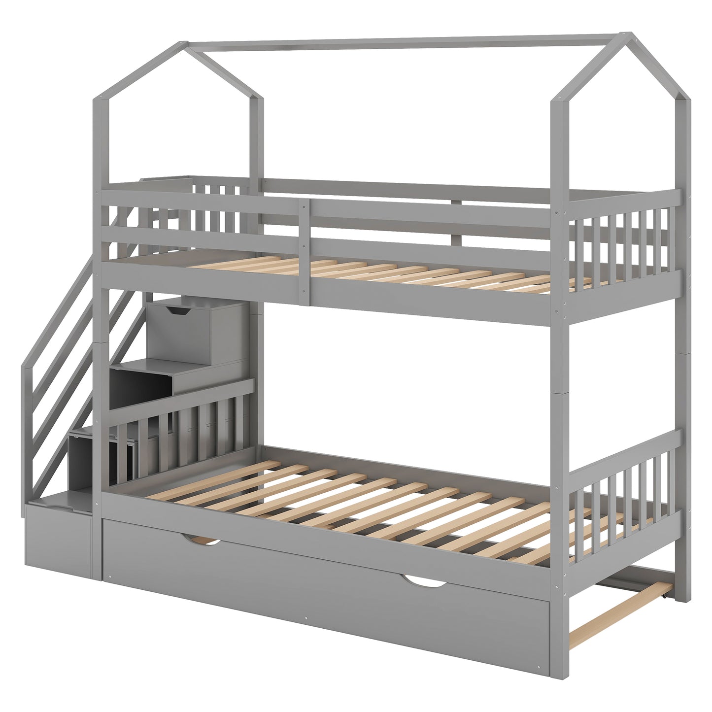 Multifunctional Twin over Twin House Bunk Bed with Staircase and Storage Space,Gray