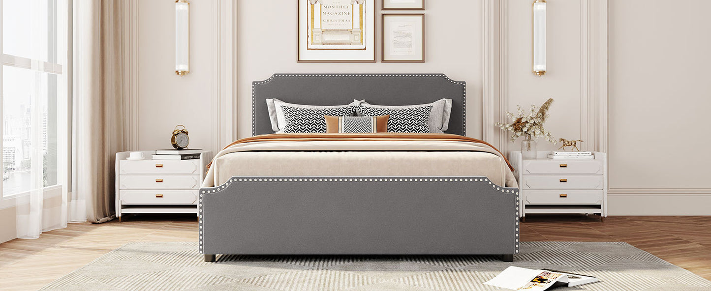 Upholstered Platform Bed with Stud Trim Headboard and Footboard and 4 Drawers No Box Spring Needed, Velvet Fabric, Queen Size (Gray)