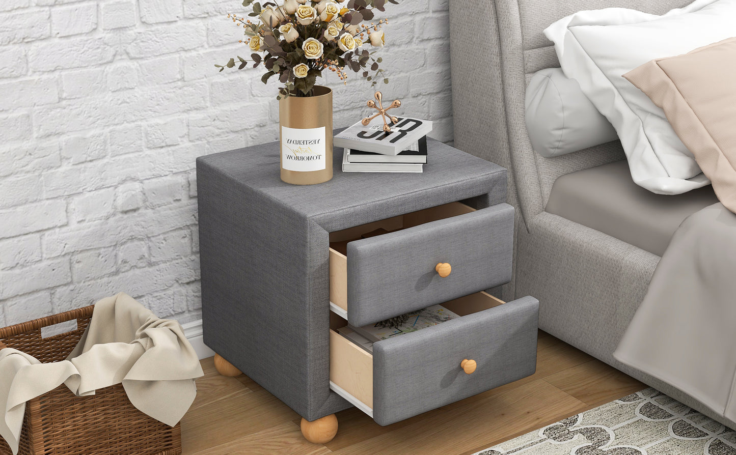 Modern Upholstered Storage Nightstand with 2 Drawers,Natural Wood Knobs,Dark Gray