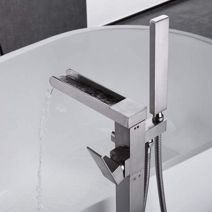 Bathroom Freestanding Waterfall Tub filler Brushed Nickel Floor Mount Faucet with Hand Shower