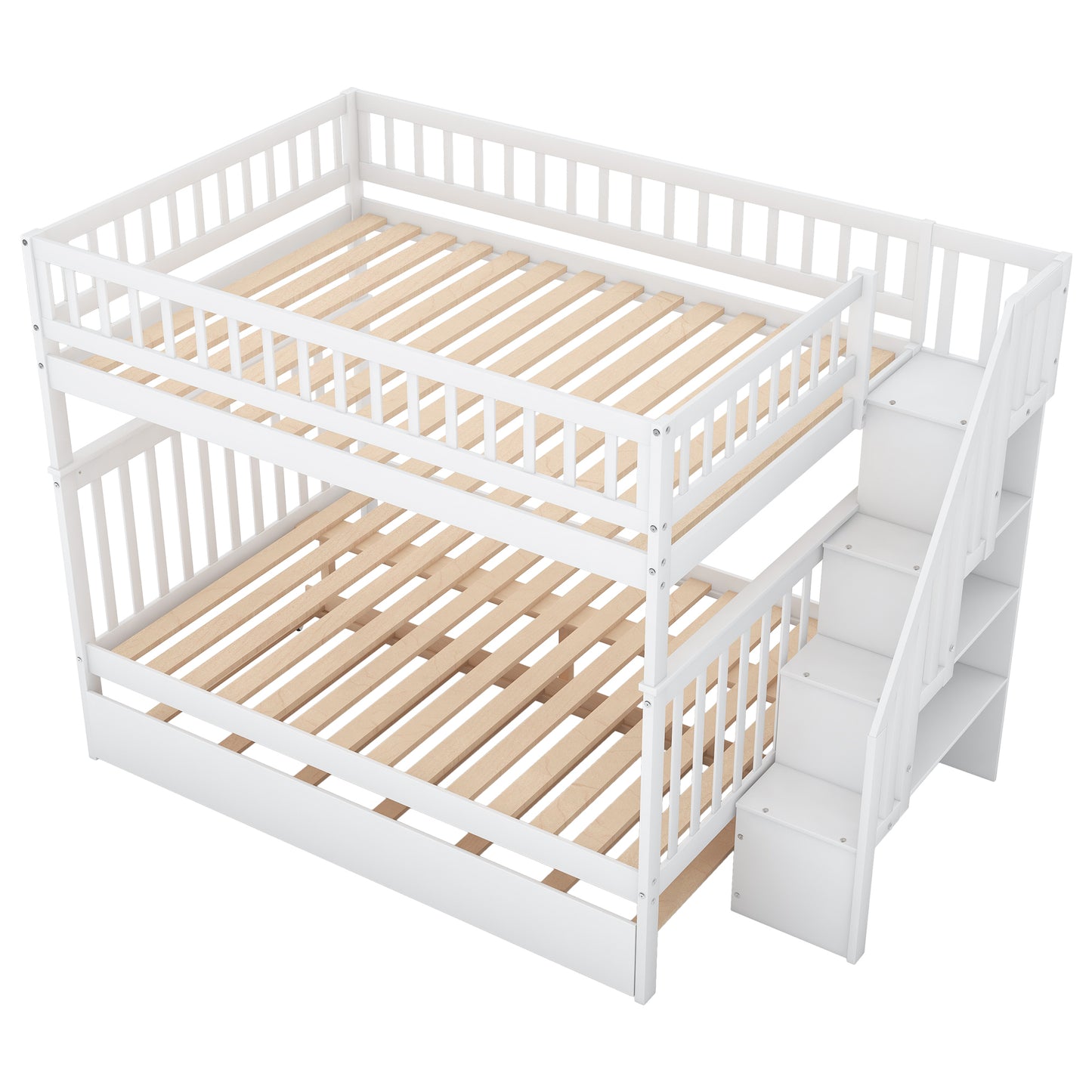 Full over Full Bunk Bed with Trundle and Staircase,White