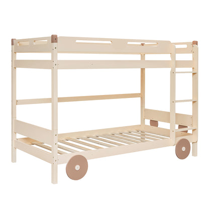 Twin Size Car-Shaped Convertible Bunk Bed, White, Natural+Brown