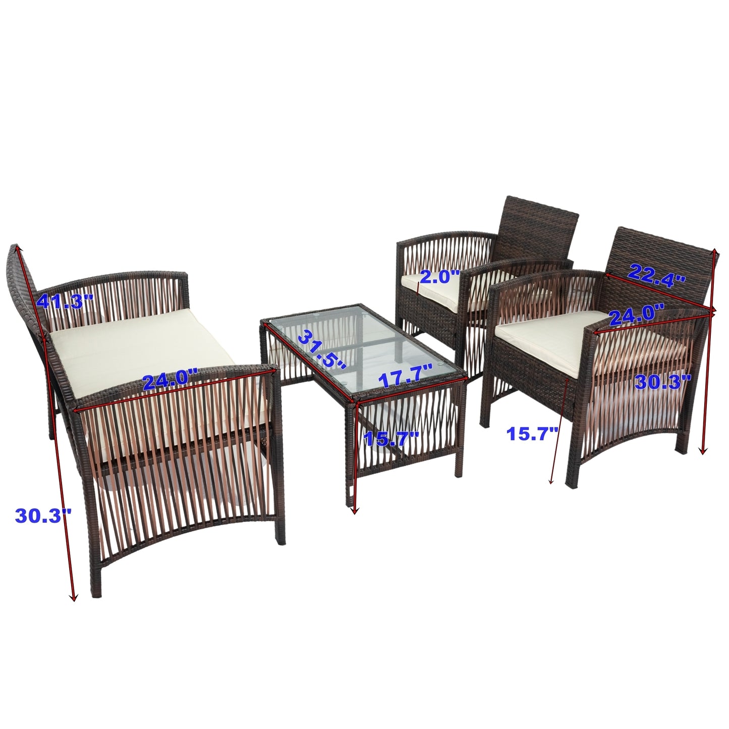 4 PCs Outdoor Patio Furniture Sofa Conversation Sets PE Rattan Wicker Sofa Chair Set Cushioned Seat with Glass Tabletop Coffee Table with Soft Cushions & Tempered Glass Coffee Table