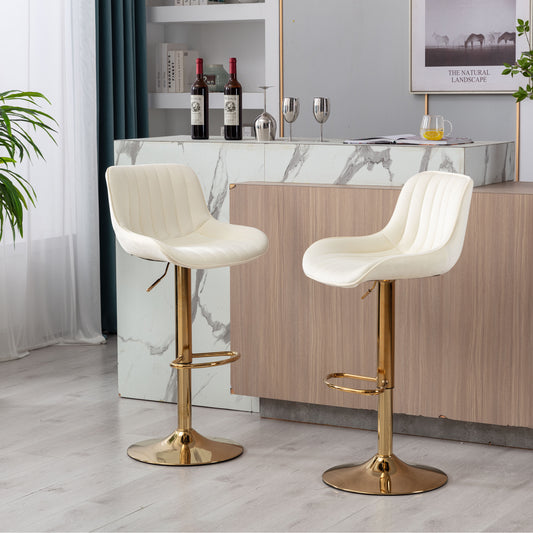 Chrome Footrest and Base Swivel Height Adjustable Mechanical Lifting Velvet + Golden Leg Simple Bar Stool,Set of 2,Ivory