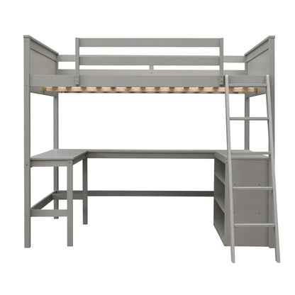 Full size Loft Bed with Shelves and Desk, Wooden Loft Bed with Desk - Gray