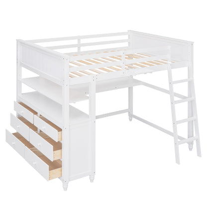 Full size Loft Bed with Drawers and Desk, Wooden Loft Bed with Shelves - White(OLD SKU:LT000529AAK)