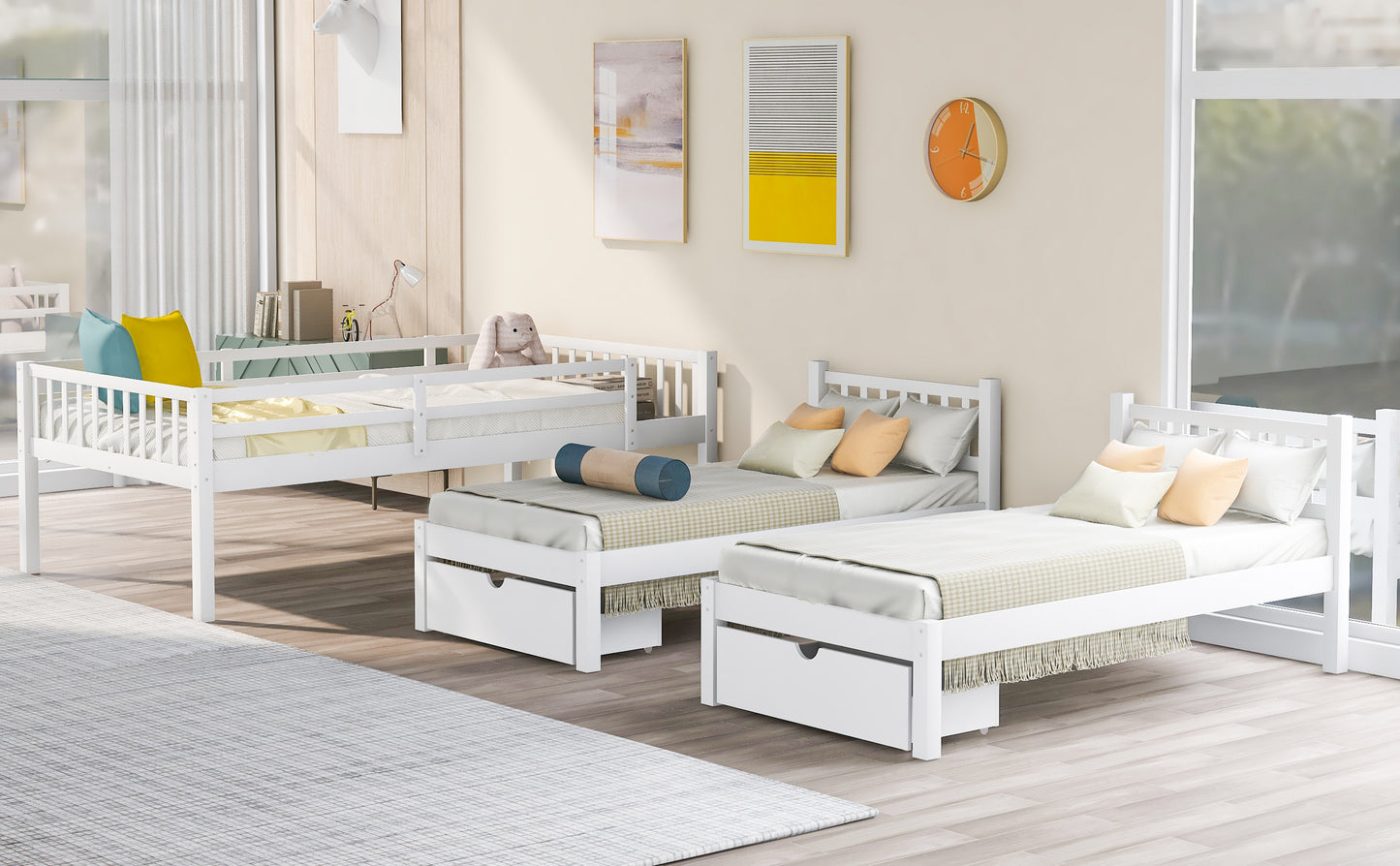 Full Over Twin & Twin Bunk Bed, Wood Triple Bunk Bed with Drawers and Guardrails  (White) （OLD SKU:LP000143AAK）