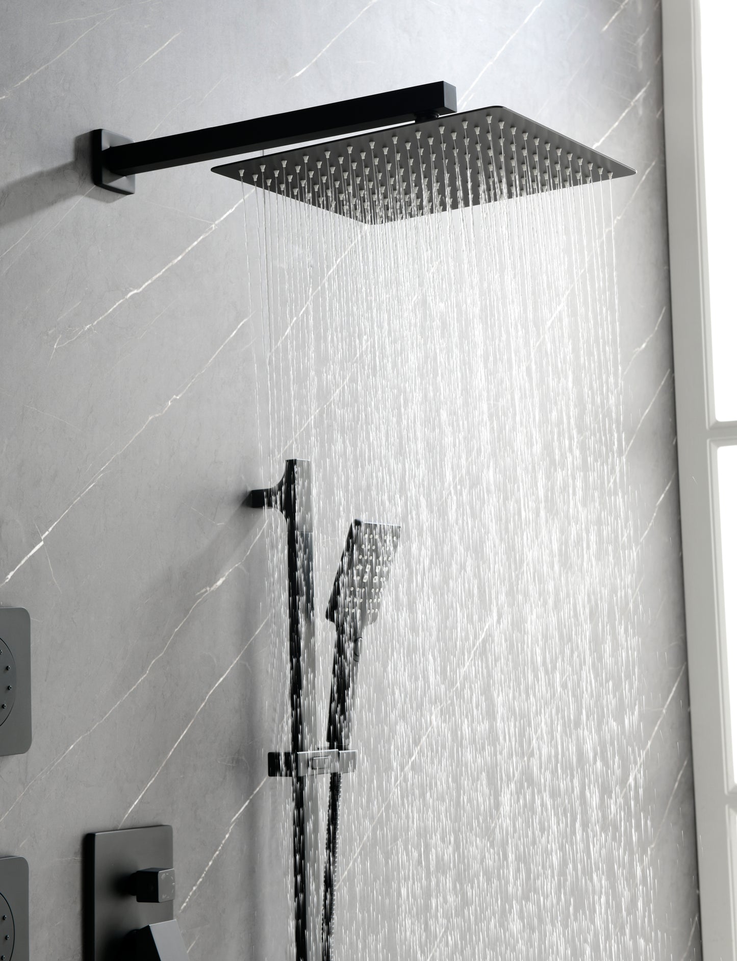 Shower System 10 Inch Square Bathroom Luxury Rain Mixer Shower Combo Set  Pressure Balanced Shower System with Shower Head, Hand Shower, Slide Bar, Shower Arm, Hose, and Valve Trim