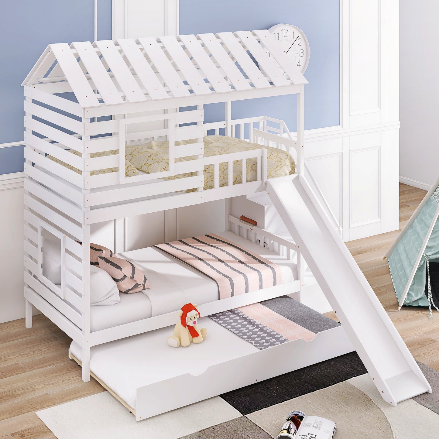 Twin over Twin House Bunk Bed with Trundle and Slide, Storage Staircase,Roof and Window Design, White