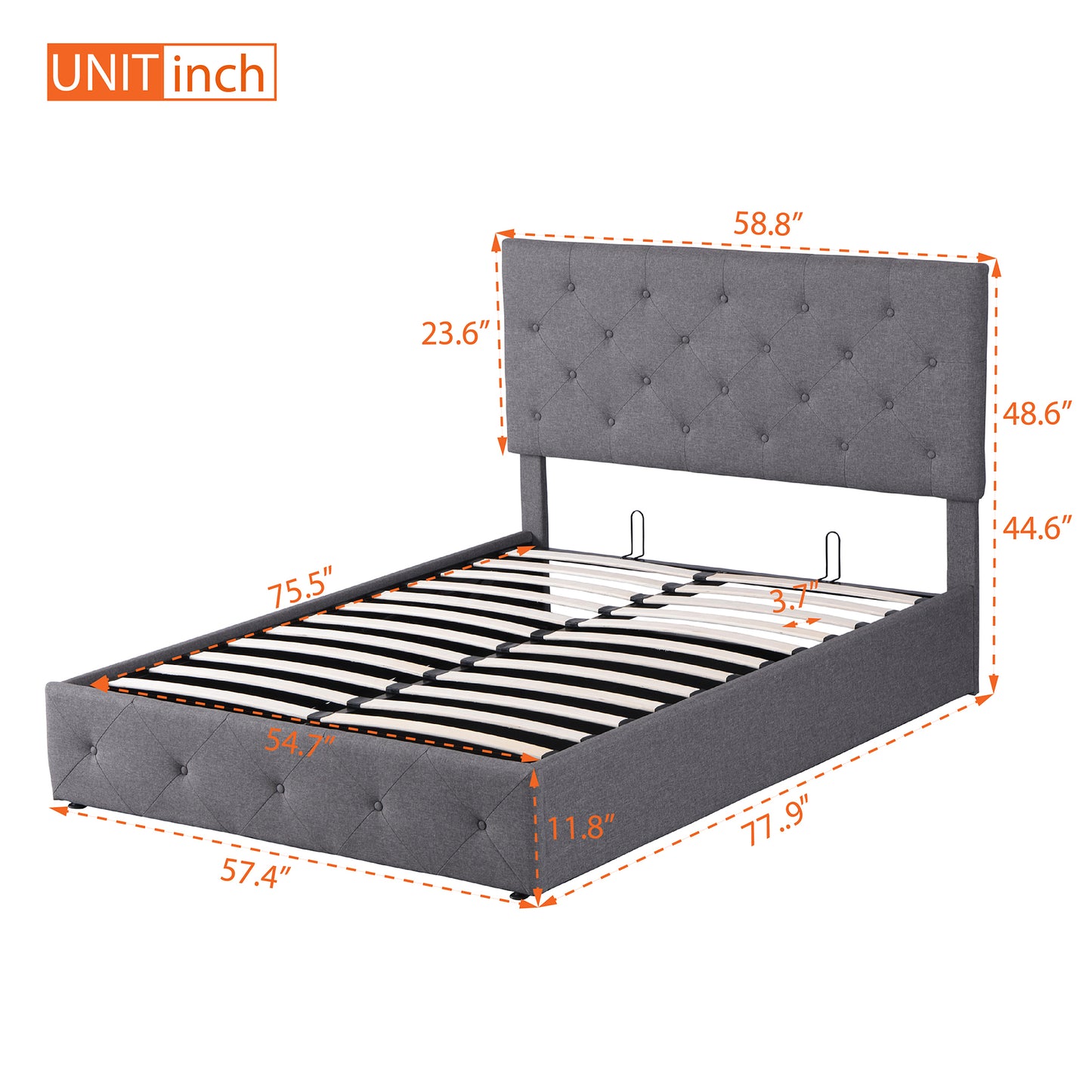 Full size Upholstered Platform bed with a Hydraulic Storage System - Gray