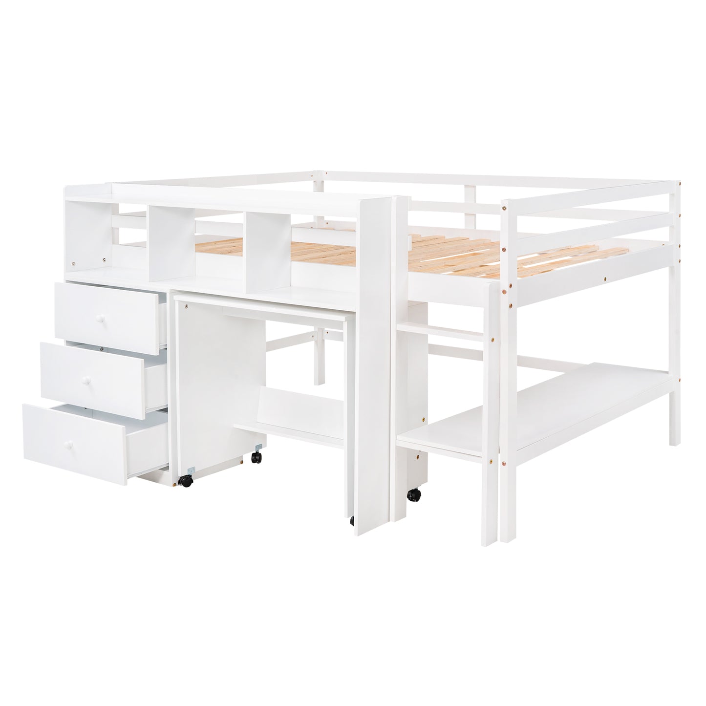 Full Size Low Loft Bed with Rolling Portable Desk, Drawers and Shelves,  White