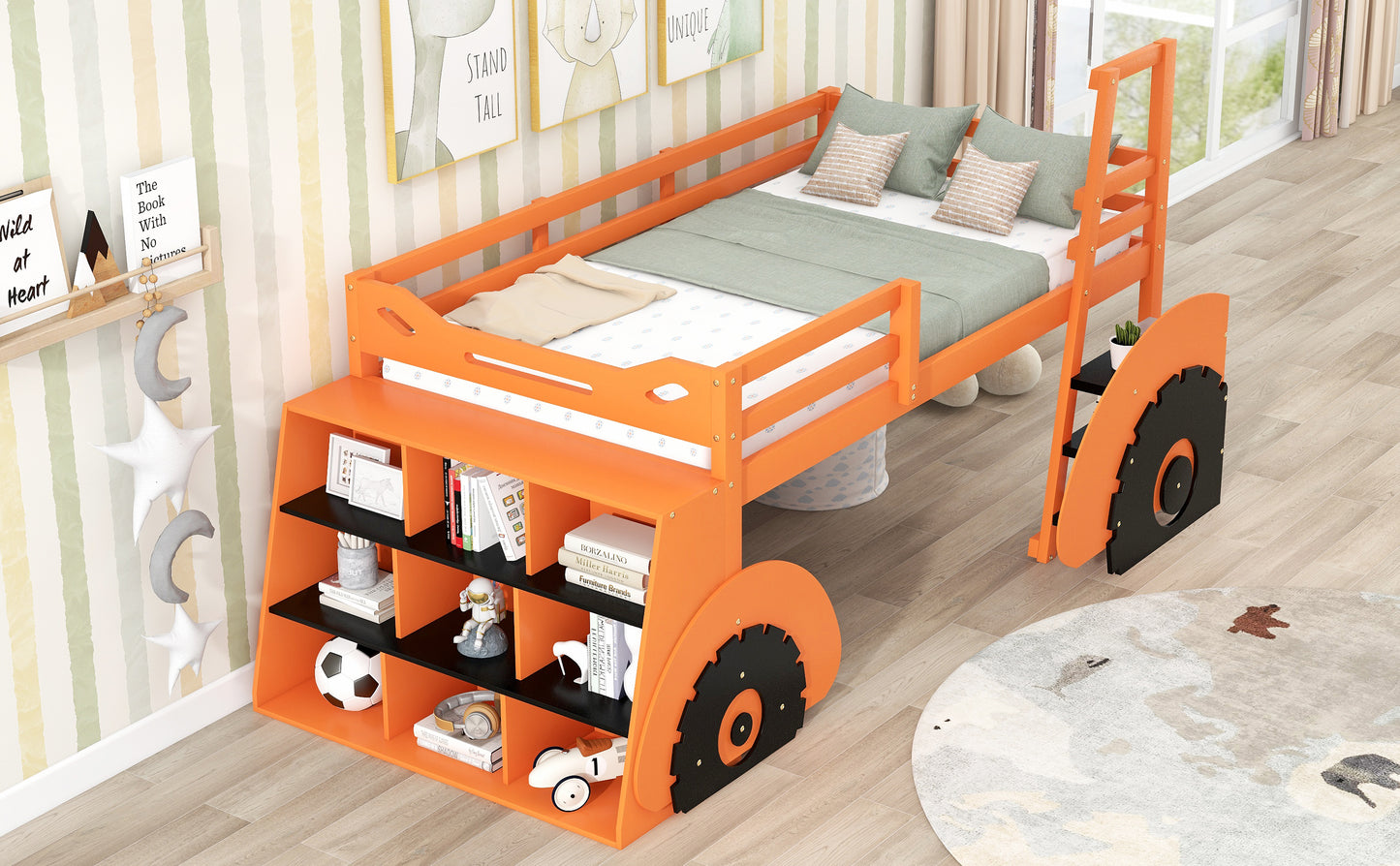 Twin Size Forklift Car-Shaped Loft Bed with Storage Shelves,Orange