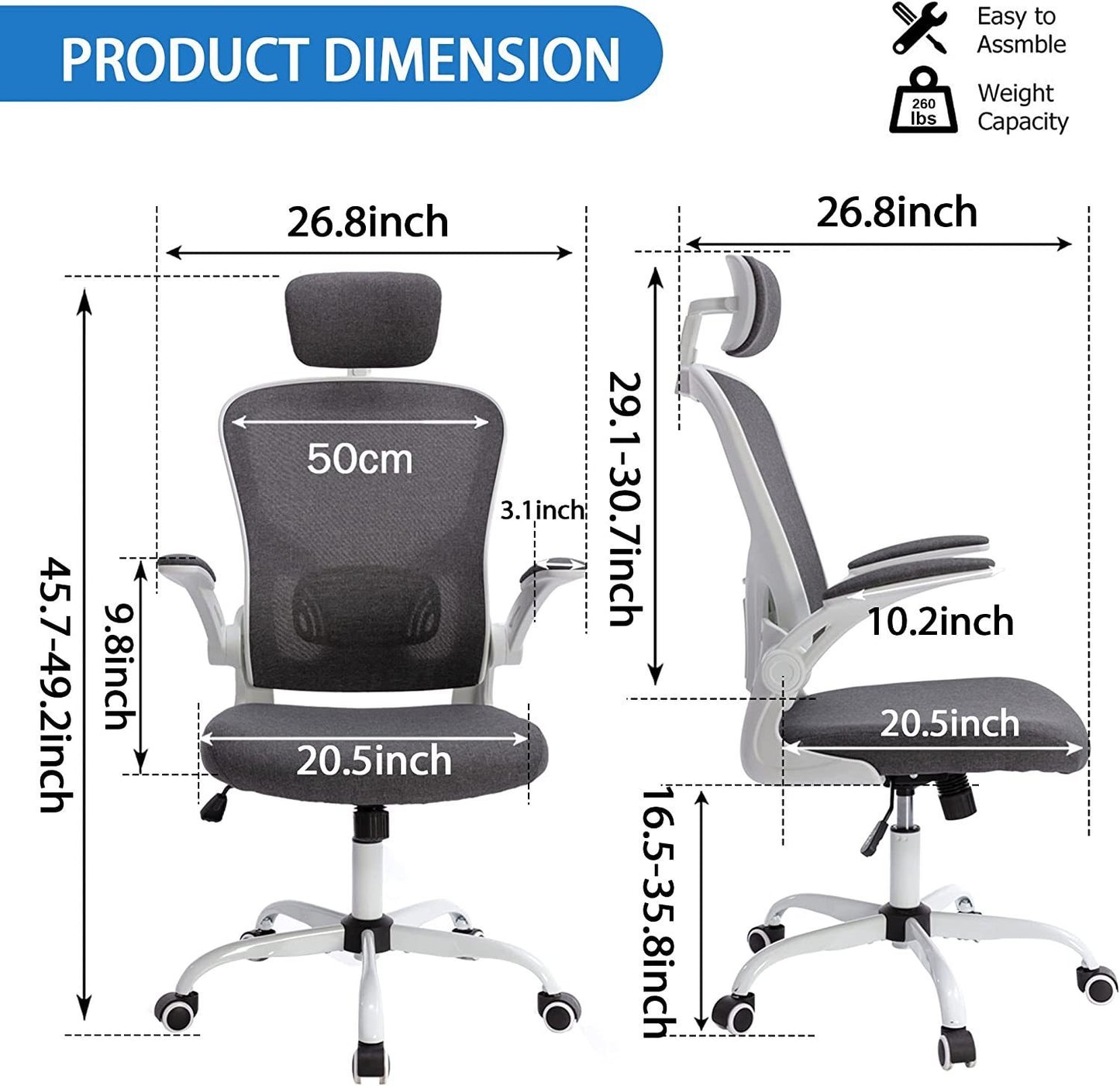 Office Chair Mesh High Back Computer Chair Height Adjustable Swivel Desk Chairs with Wheels,Adjustable Armrest Backrest Headrest,Grey