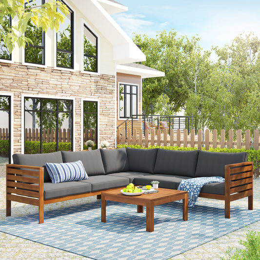 GO Wood Structure Outdoor Sofa Set with gray Cushions Exotic design Water-resistant and UV Protected texture Two-person Sofa One Corner Sofa plus One Coffee Table Strong Metal Accessories