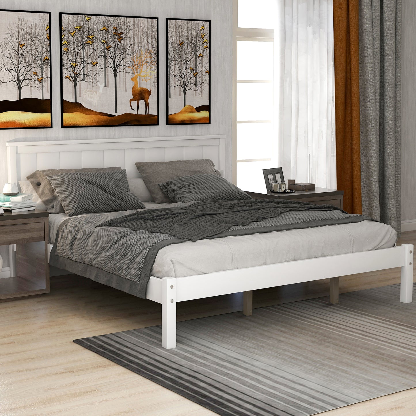 Platform Bed Frame with Headboard , Wood Slat Support , No Box Spring Needed ,Queen,White(OLD SKU:WF191420AAK)