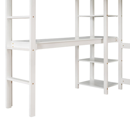 Full Loft Bed with Desk and Shelves,White