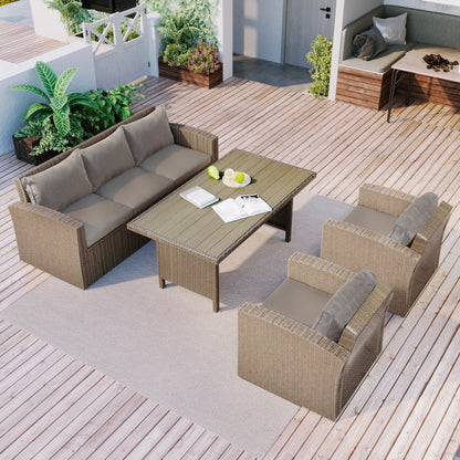 U_STYLE Outdoor Patio Furniture Set 4-Piece Conversation Set Wicker Furniture Sofa Set with Grey Cushions