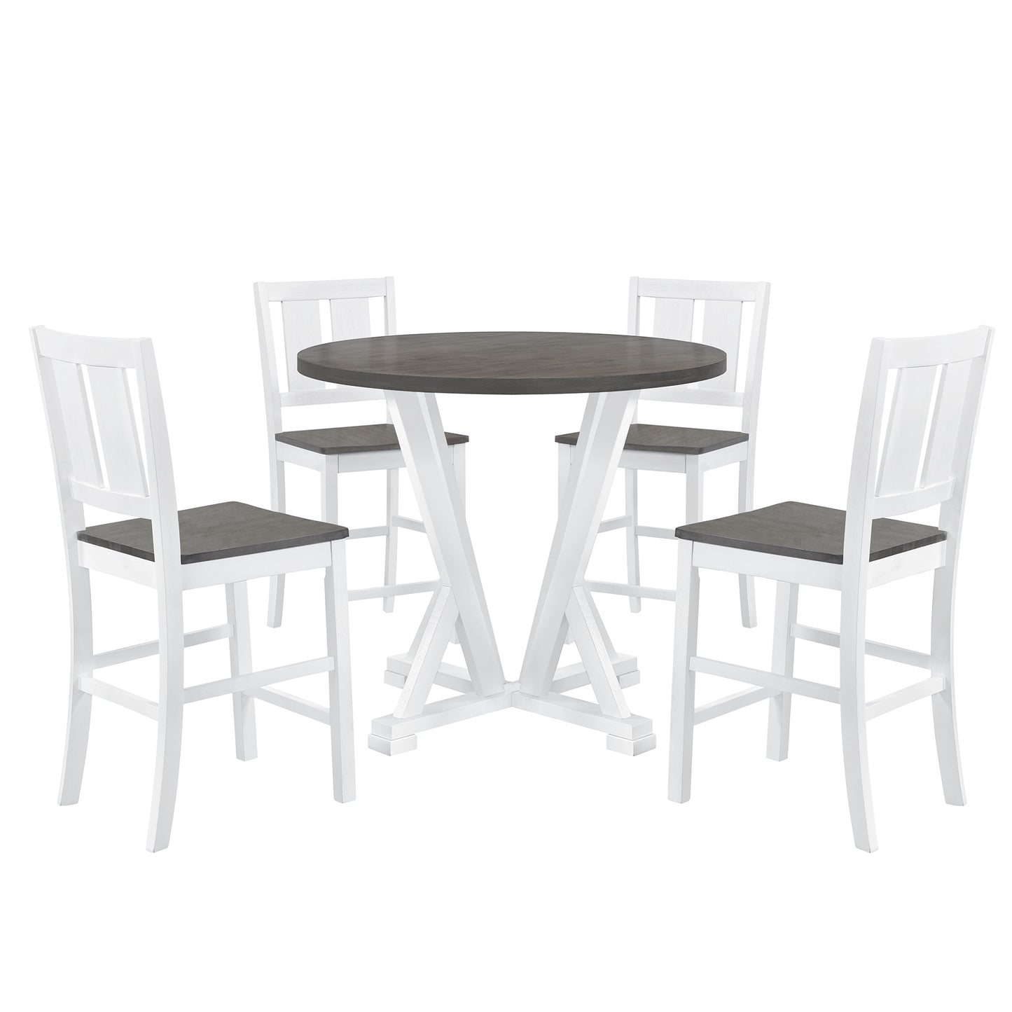 TOPMAX Rustic Farmhouse 5-Piece Counter Height Dining Table Set, Round Kitchen set with 4 Dining Chairs and Thick Tabletop, Grey