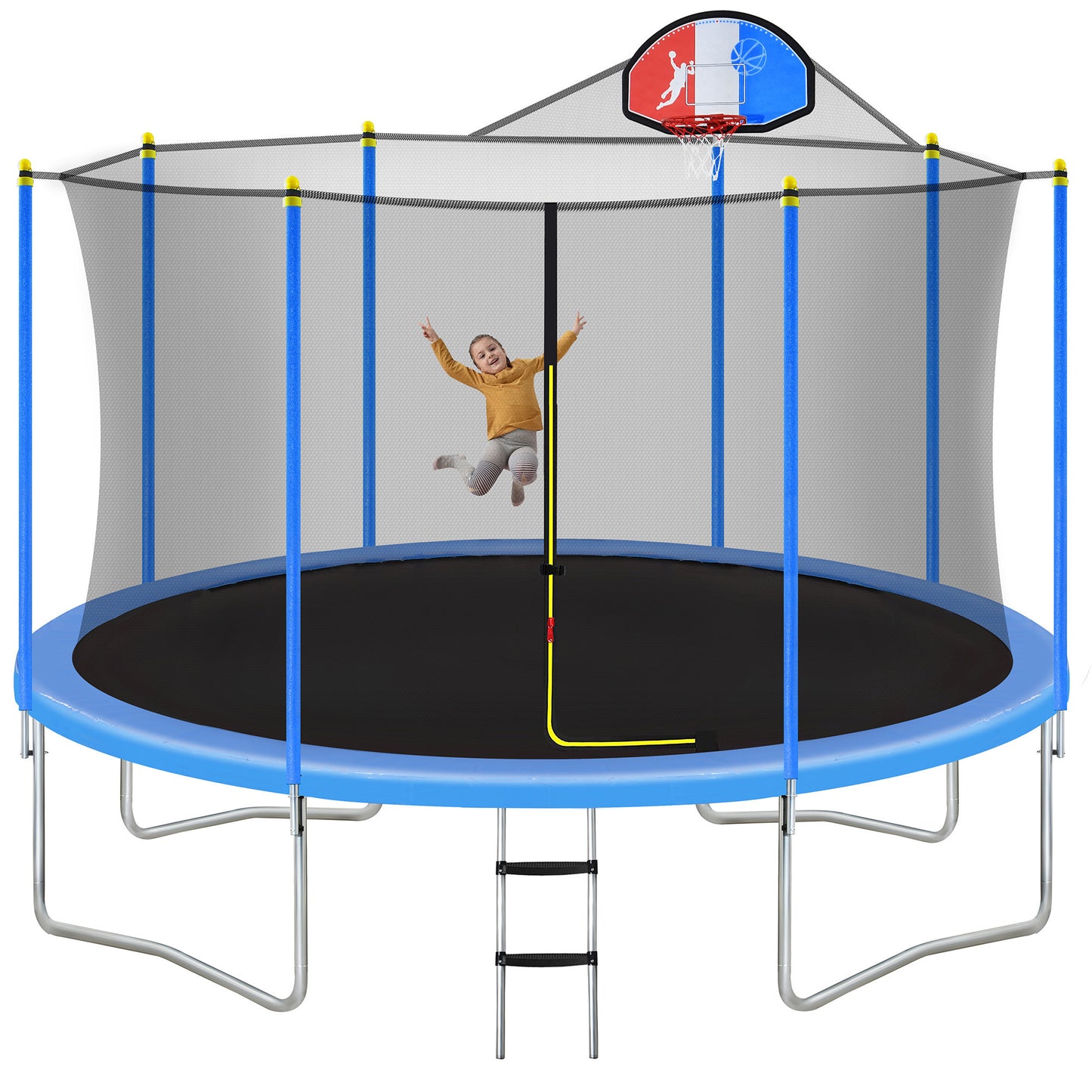 14FT Trampoline for Kids with Safety Enclosure Net, Basketball Hoop and Ladder, Easy Assembly Round Outdoor Recreational Trampoline