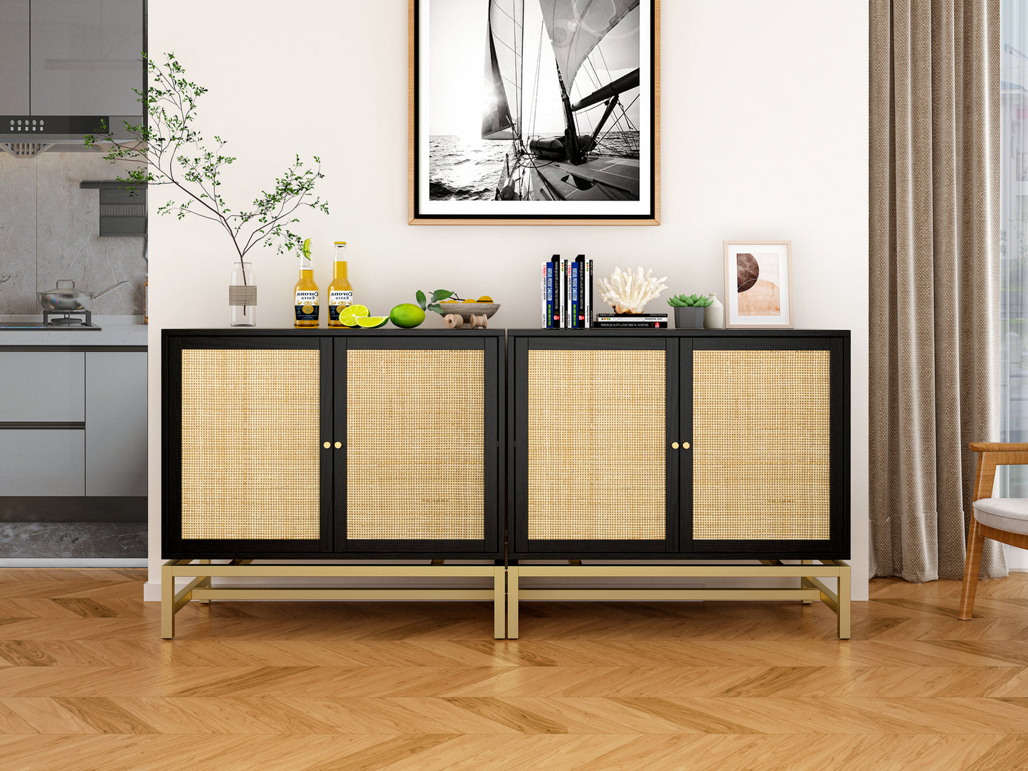 2 Door Cabinet,Natural Rattan 2 Door high cabinet，Built-in adjustable shelf，Easy Assembly，Free Standing Cabinet for Living Room Bedroom,Hallway