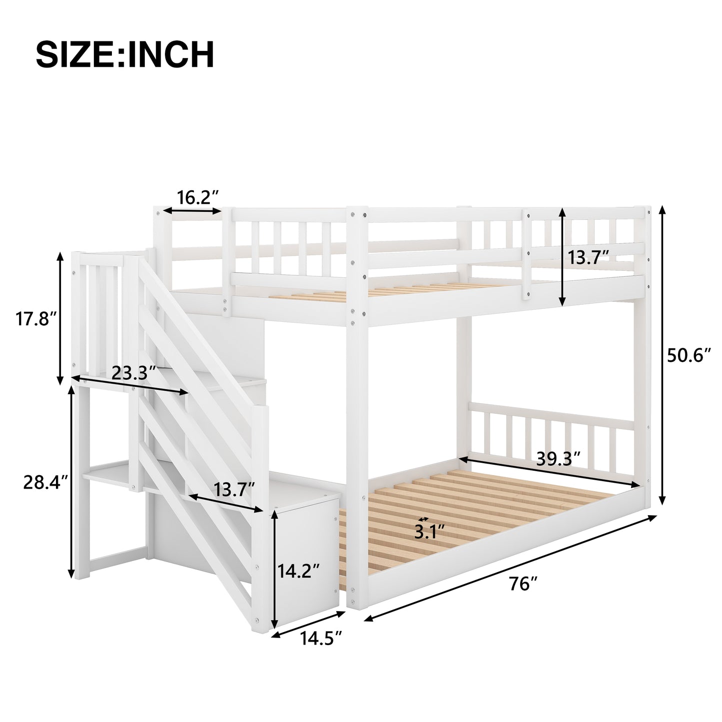 Twin over Twin Floor Bunk Bed, Ladder with Storage, White