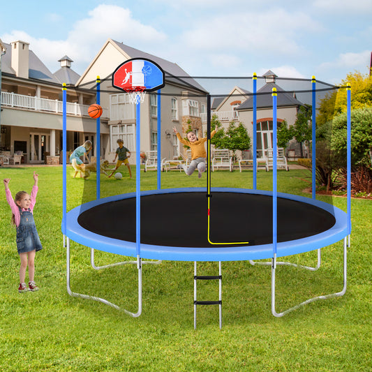 14FT Trampoline for Kids with Safety Enclosure Net, Basketball Hoop and Ladder, Easy Assembly Round Outdoor Recreational Trampoline