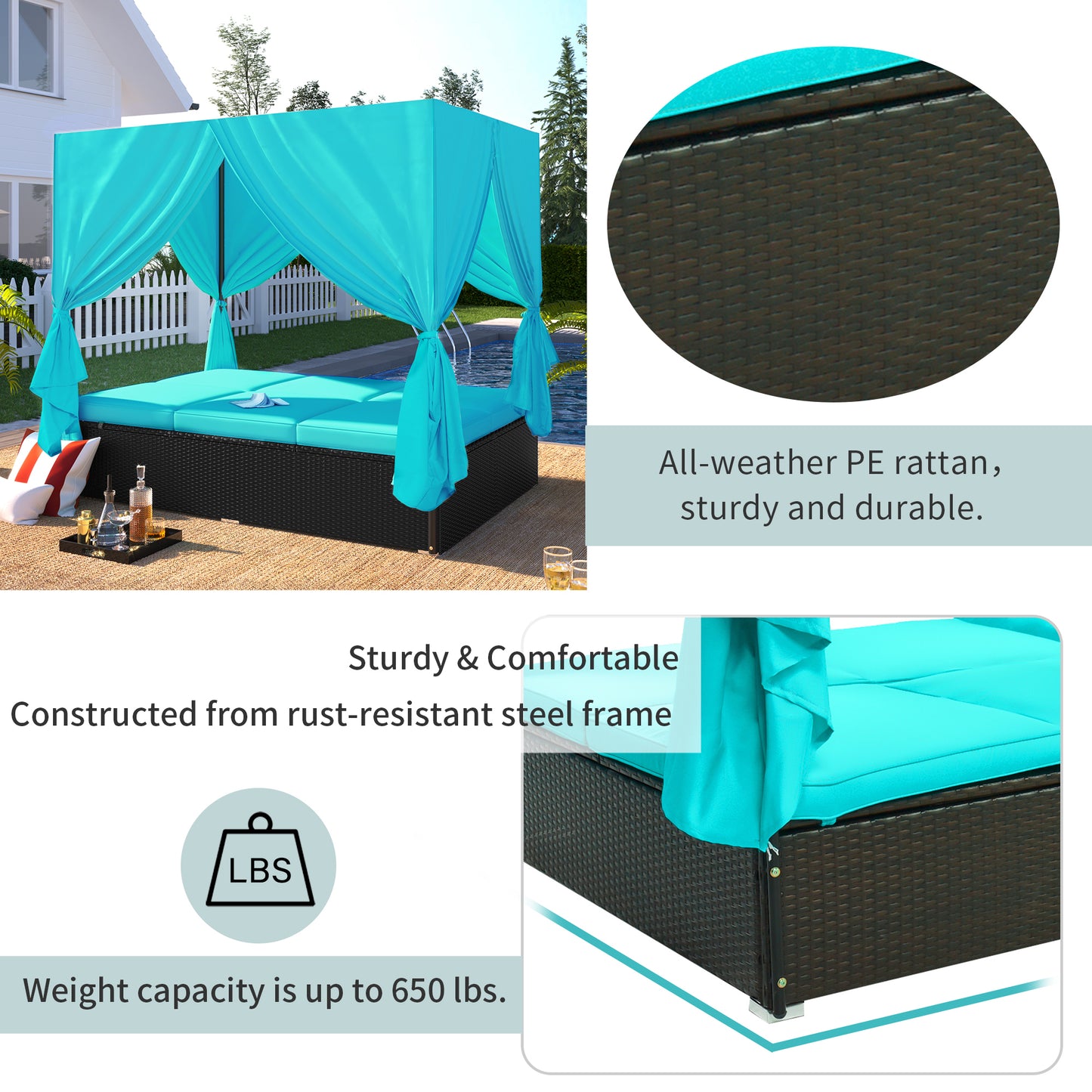 U_STYLE Outdoor Patio Wicker Sunbed Daybed with Cushions, Adjustable Seats