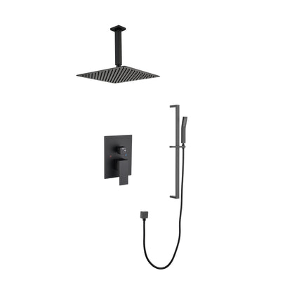 Shower System 16Inch Square Bathroom Luxury Rain Mixer Shower Combo Set Pressure Balanced Shower System with Shower Head, Hand Shower, Slide Bar, Shower Arm, Hose, and Valve Trim