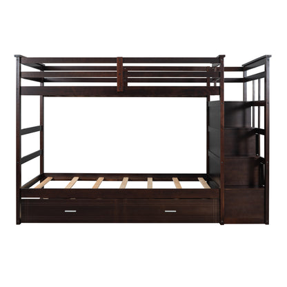 Solid Wood Bunk Bed , Hardwood Twin Over Twin Bunk Bed with Trundle and Staircase, Natural Espresso Finish (OLD SKU: LP000068AAP)