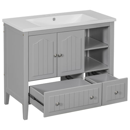 [VIDEO] 36" Bathroom Vanity with Ceramic Basin, Bathroom Storage Cabinet with Two Doors and Drawers, Solid Frame, Metal Handles, Grey