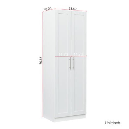 High wardrobe and kitchen cabinet with 2 doors and 3 partitions to separate 4 storage spaces, White