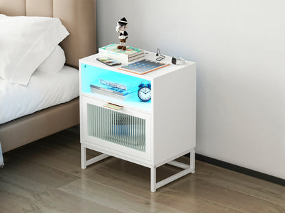 Nightstand with  LED Lights / Drawer, White Bedside Table for Bedroom