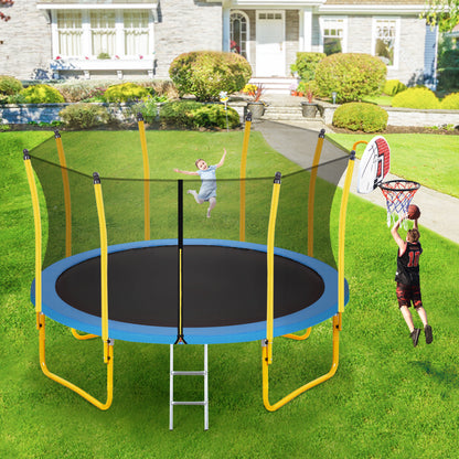 12FT Trampoline for Kids with Safety Enclosure Net, Basketball Hoop and Ladder, Easy Assembly Round Outdoor Recreational Trampoline