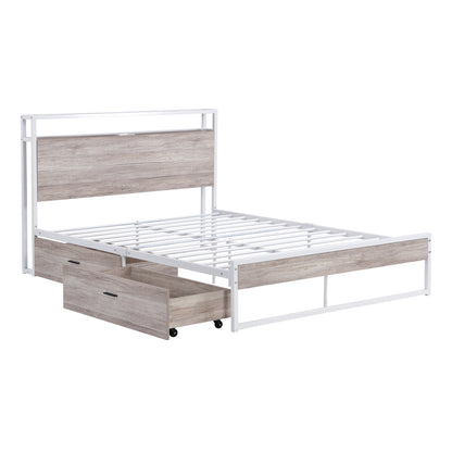 Full Size Metal Platform Bed Frame with  Two Drawers,Sockets and USB Ports ,Slat Support No Box Spring Needed White