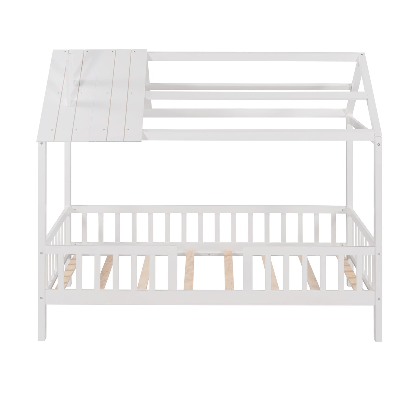 Twin Size Wood House Bed with Fence, White