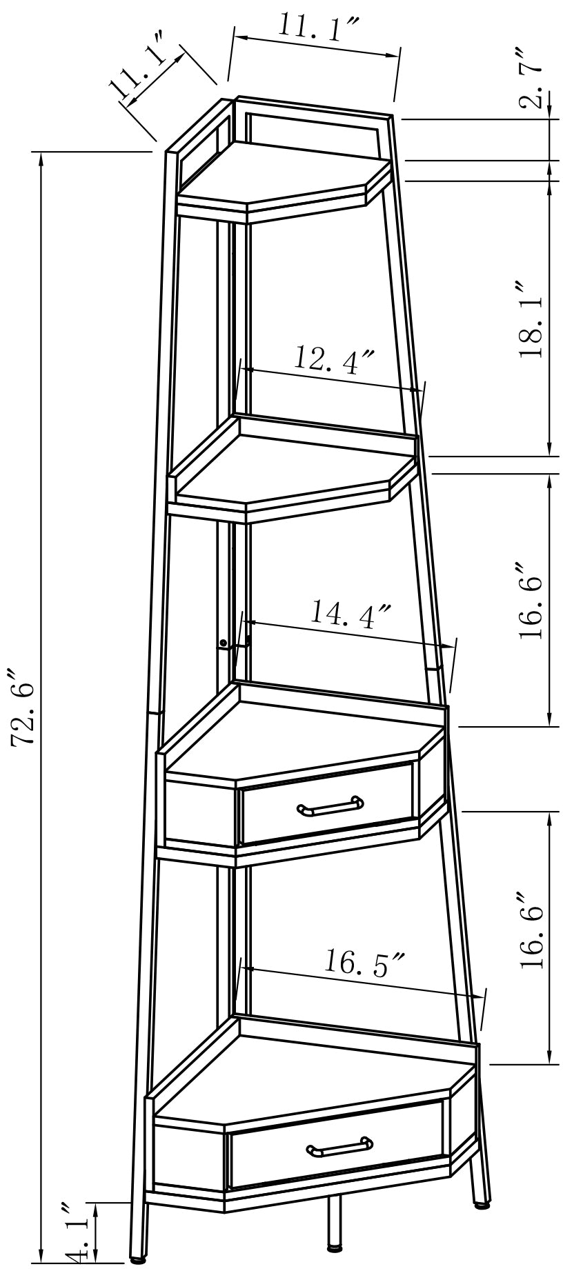 W82151008 Corner Shelf with Two Drawers 72.64'' Tall, 4-tier Industrial Bookcase, Black