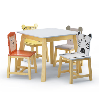 5 Piece Kiddy Table and Chair Set , Kids Wood Table with 4 Chairs Set Cartoon Animals (bigger table)（3-8 years old）