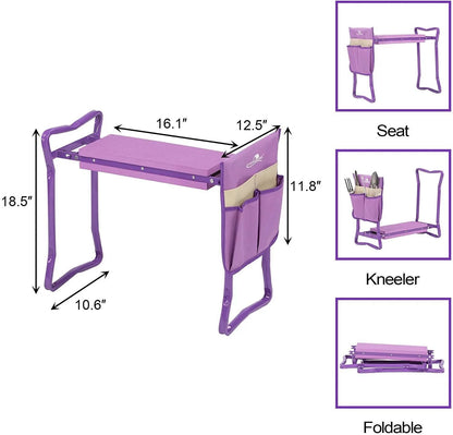 Outdoor 2-in-1 Garden Stool and Kneeler, Garden Kneeler and Seat Folding Kneeling Bench Stool with Tool Pouches Soft EVA Foam for Gardening, Purple