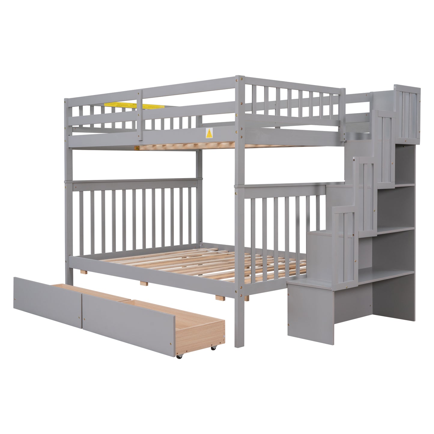 Full Over Full Bunk Bed with 2 Drawers and Staircases, Convertible into 2 Beds, the Bunk Bed with Staircase and Safety Rails for Kids, Teens, Adults, Grey