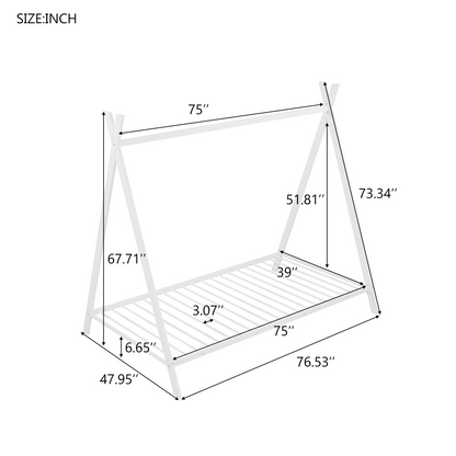 House Bed Tent Bed Frame Twin Size Metal Floor Play House Bed with Slat for Kids Girls Boys , No Box Spring Needed White