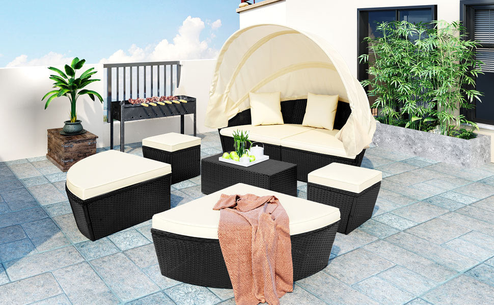 Outdoor rattan daybed sunbed with Retractable Canopy Wicker Furniture, Round Outdoor Sectional Sofa Set, black Wicker Furniture Clamshell  Seating with Washable Cushions, Backyard, Porch, Beige.